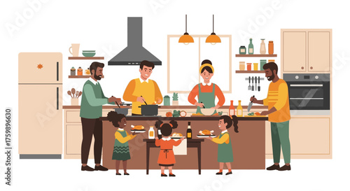A heartwarming flat design illustration depicting a diverse family joyfully cooking and preparing their Thanksgiving meal together in a bright kitchen. 