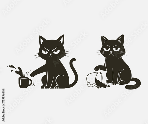 Two grumpy black cats causing mischief, one spilling a drink and the other knocking over a cup, Funny cat T-shirt Graphic.