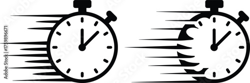Speed stopwatch icon set, fast time pressure vector illustration, black motion graphic symbols, urgency and performance design, isolated timer elements