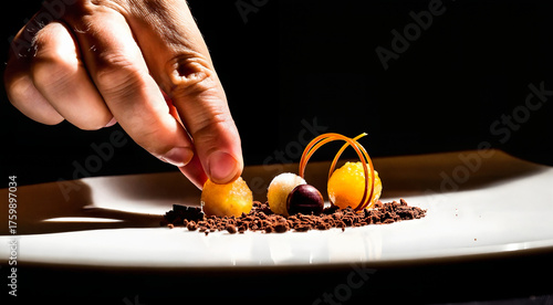 Fototapeta Naklejka Na Ścianę i Meble -  Chef Assembling Dessert Plate