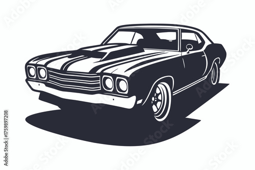 The black American muscle car showcases its iconic racing stripes on a white background