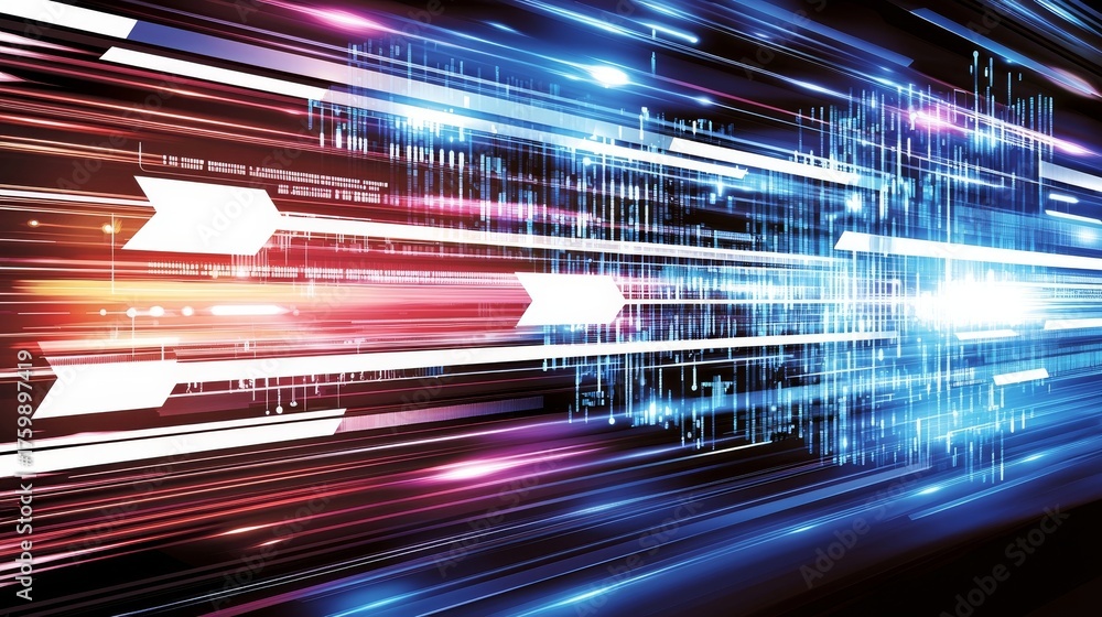 Obraz premium Abstract high-speed data flow background showing rapid acceleration and movement with glowing blue and red light trails.