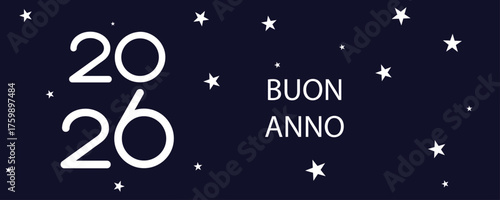 biglietto o striscione per augurare un felice anno nuovo 2026 in bianco su sfondo blu navy con stelle bianche