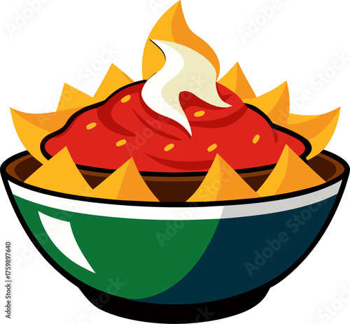 Bowl of nachos topped with salsa and sour cream  Silhouette black  vector white background