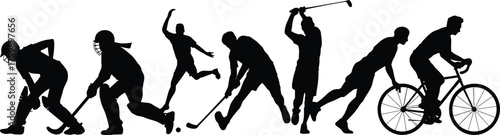 Sport silhouette collection, athletic poses, black figures, dynamic movement, white background, cricket, football, cycling, golf, field hockey, sprinting, sports diversity