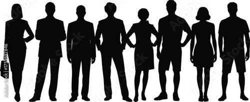 Standing silhouettes, mixed attire, black figures, casual and formal clothing, posture variety, white background, minimal design, lifestyle concept, fashion contrast, human diversity