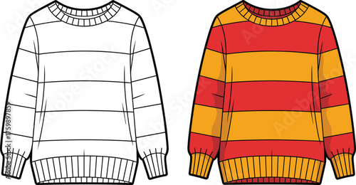 Sweater design comparison, outline and color version, striped knitwear illustration, fashion concept art, red yellow garment, minimal style, clothing sketch