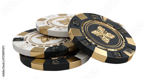 A close-up of four casino chips with a gold floral design on a black, white, and gold background