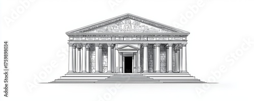 Minimalist sketch of an ancient greek or roman temple fa?ade, line on white background.