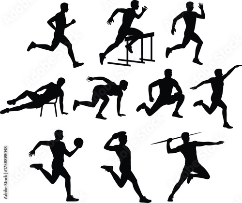 Track and field silhouettes, athletic poses, running motion, hurdle jump, javelin throw, sports action, black figures, white background, fitness illustration, dynamic movement