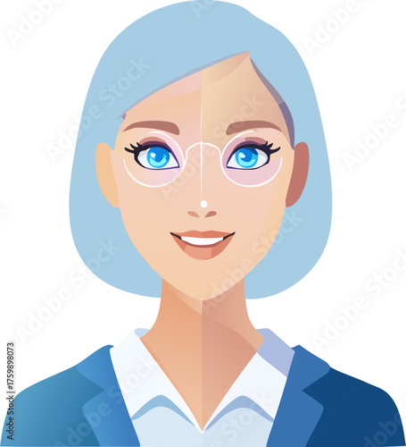 Minimal flat icon of AI assistant head with glowing data eyes — friendly geometric vector illustration, modern technology and artificial intelligence concept on white background