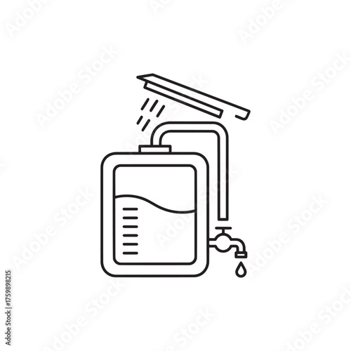 Vector art of line art icon of a shower head pouring water into a container with a measuring scale and a tap