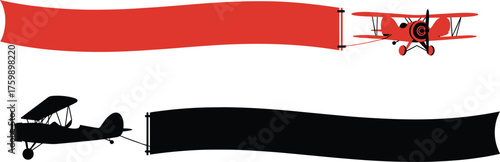 Vintage biplane banner illustration, red and black aircraft towing blank signs, aerial advertising concept, retro flight vector, isolated aviation design