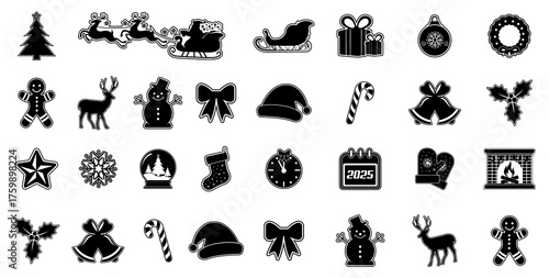 Collection of black and white christmas icons set. Vector illustrations for holiday decorations and seasonal graphics.