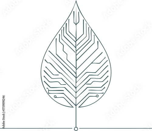 Single continuous line leaf blending into digital circuits — minimalist vector illustration symbolizing harmony between AI and nature, organic meets technology concept