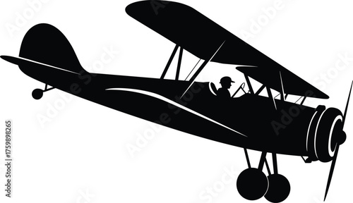Vintage biplane silhouette, early aircraft vector icon, open cockpit pilot illustration, black aviation design, historical flight graphic, isolated airplane shape
