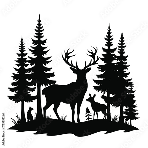 Pine tree and reindeer vector,Elegant deer silhouette vector art,