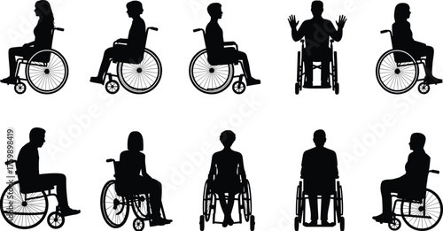 Wheelchair user silhouettes, black vector icons, disability representation, inclusive design, seated posture variations, medical illustration, accessibility concept, diverse mobility, white background
