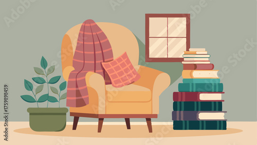 A charming reading nook with a rattan armchair a stack of vintage books and a crochet throw blanket draped over the armrest.