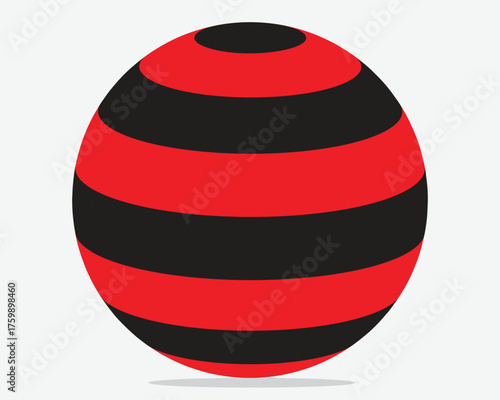 Red and Black Striped Sphere with Shadow on White Background