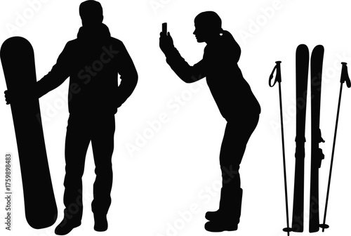 Winter sports silhouettes, snowboard and ski gear icons, outdoor recreation vector, black illustration set, photography moment, isolated snow activity design