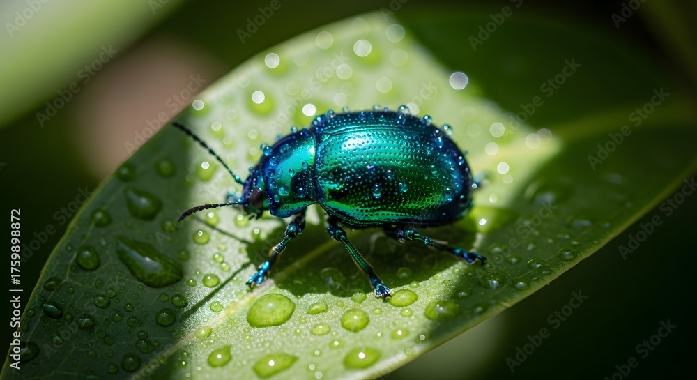 Naklejka premium Stunning iridescent beetle glistens with fresh dew drops on a vibrant green leaf, capturing nature's intricate beauty in exquisite detail for captivating displays.