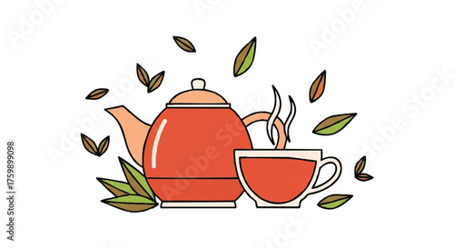 African tea rooibos teapot cup leaves outline icon vector