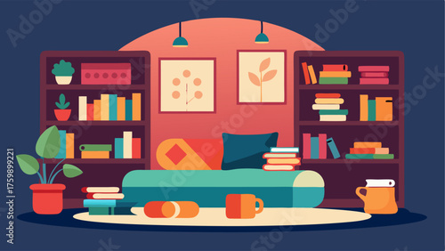 A cozy reading nook with floor pillows surrounded by shelves filled with art books and colorful prints.