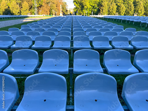 Empty plastic chairs placed in front of the field altar in the Sanctuary of the Blessed Virgin Mary in Częstochowa