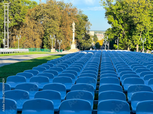 Empty plastic chairs placed in front of the field altar in the Sanctuary of the Blessed Virgin Mary in Częstochowa