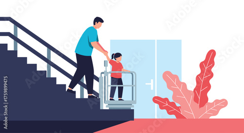 A father helps his daughter ride a stair lift down the stairs.