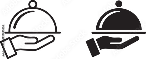 Hand holding covered dish icon outline and solid fill cloche