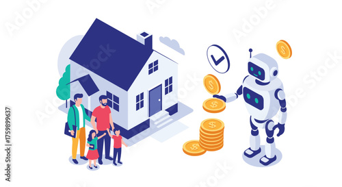 Robot helping family with home and financial planning.