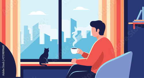 A man enjoying a hot drink with his cat by the window overlooking a city.