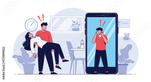 Man helping unconscious woman while a person calls for help on a phone.