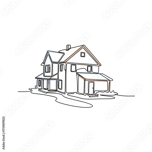 Line drawing of a house with porch and garden on white background  