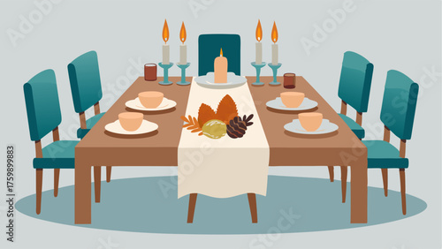 A dining table set for a dinner party with a mix of mismatched chairs and a simple centerpiece of pine cones and candles.