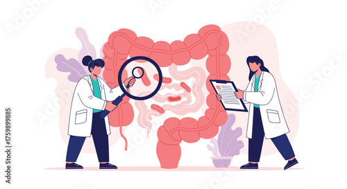 Scientists examining a large intestine with magnified bacteria and a tablet.