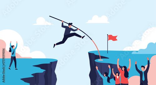 A person pole vaults across a chasm to reach a flag.