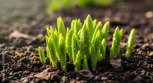 Vibrant green sprouts emerge from rich soil, glistening with morning dew, symbolizing new beginnings and natural growth in a fresh spring garden.