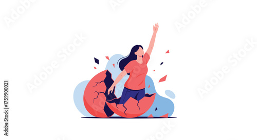 A woman emerging from a broken eggshell reaching her arm up.