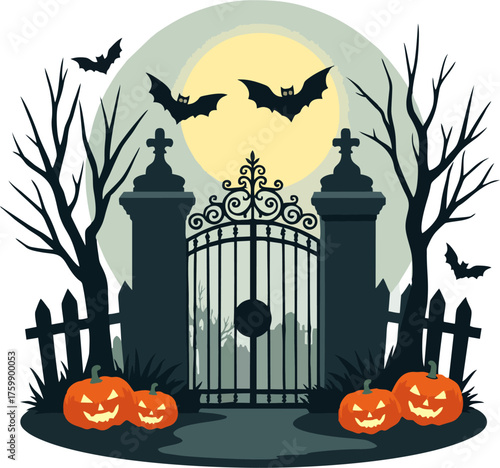 Spooky Halloween Cemetery Gate Vector Illustration, Gothic Pillars, Jack-o’-Lanterns, Bats, Bare Trees, and Glowing Full Moon