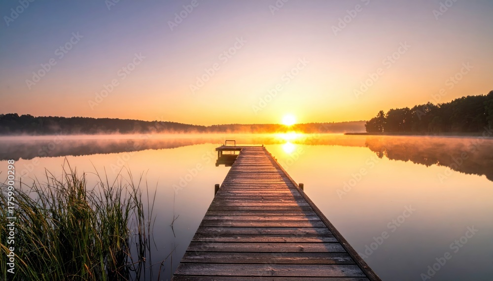 Fototapeta premium Wooden Pier Extending Into Calm Lake at Sunrise with Golden Light and Gentle Mist Rising from the Water Creating a Serene Morning Atmosphere