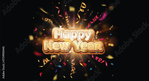 A vibrant illustration showcasing a Happy New Year celebration with golden lettering and confetti against a black backdrop, perfect for festive greetings and designs.
