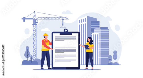 Construction workers reviewing a project plan document with a crane and buildings in the background.