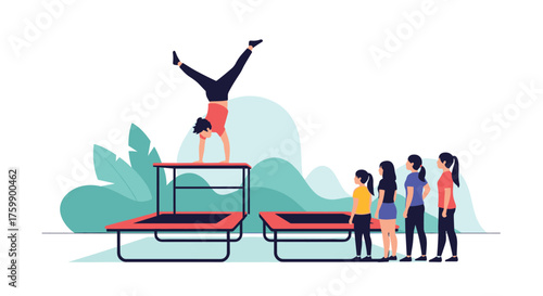 A gymnast performs a handstand on a platform for an audience watching.