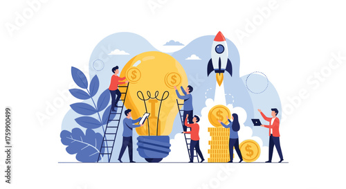 Startup team working on a new idea with a rocket launching