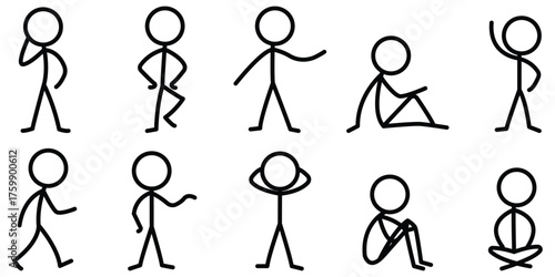 Set of hand-drawn stickman characters in various standing, sitting, and walking poses showing everyday gestures and relaxed movements