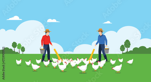 Farmers feeding a flock of chickens on a sunny day.