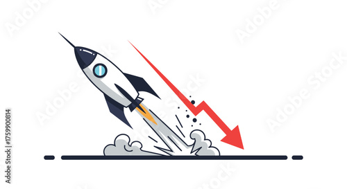 A rocket launching is failing and crashing down with a red arrow pointing downwards.